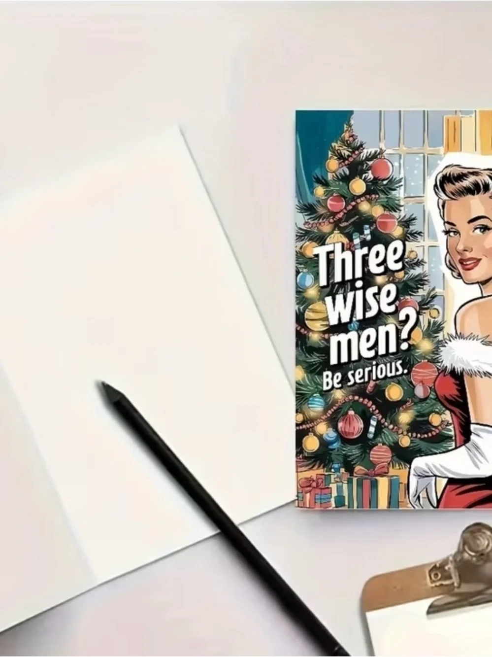 Holiday Funny Card with Retro Pin-Up and Christmas Tree